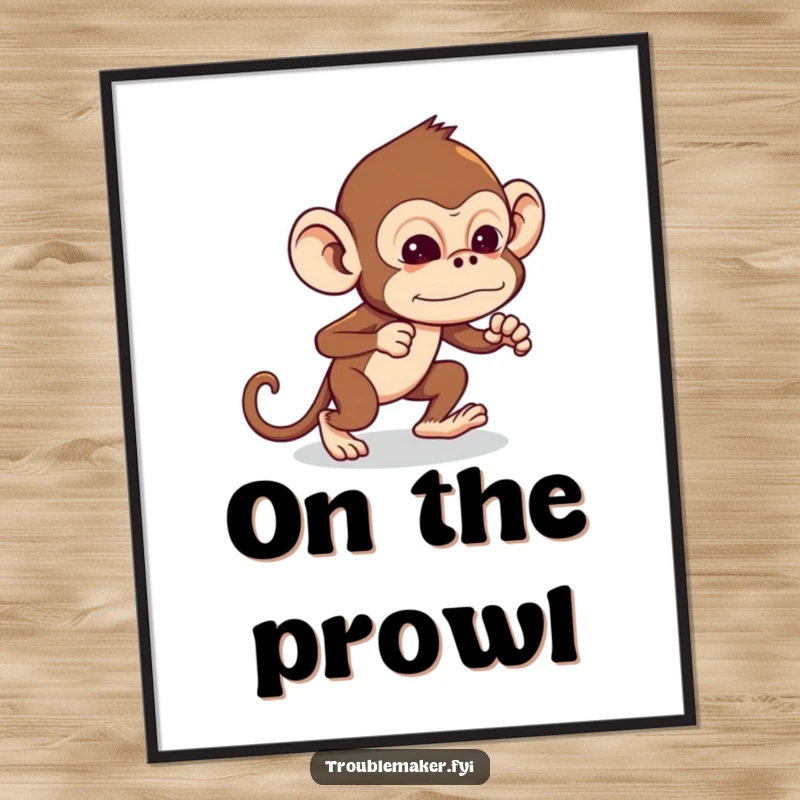Funny Troublemaker Monkey Poster of a monkey tiptoeing with exaggerated stealth, embodying playful mischief, perfect funny gift.