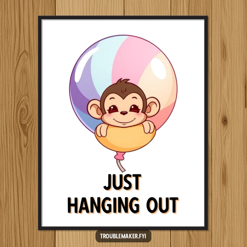 Funny poster art of a mischievous monkey peeking out from behind a huge, brightly colored balloon, capturing a moment of playful fun.