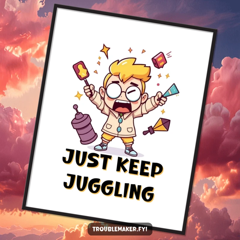 Funny poster depicting a troublemaker character juggling shiny, chaotic objects, perfect for adding energy to decor.