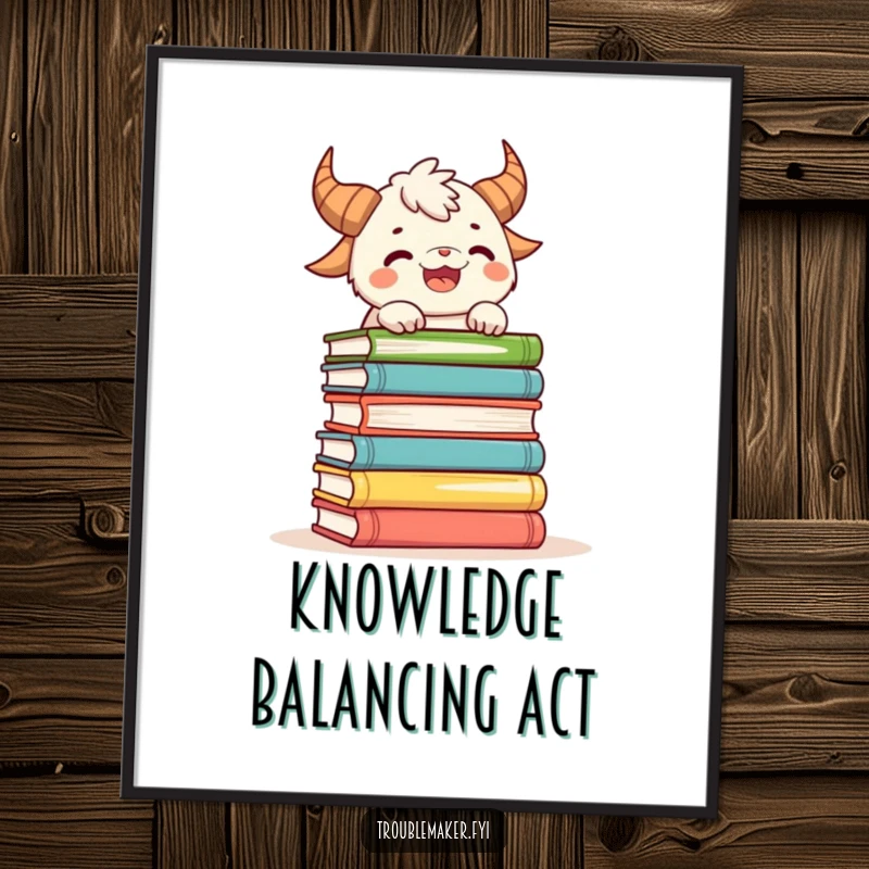 Funny poster art of a playful creature with horns attempting to balance a large, teetering stack of books, full of charm.