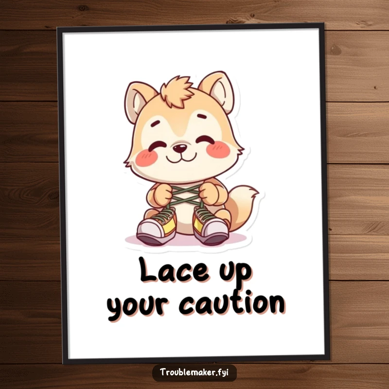 Funny animal character caught tying shoelaces together with a mischievous grin, presented as wall art.