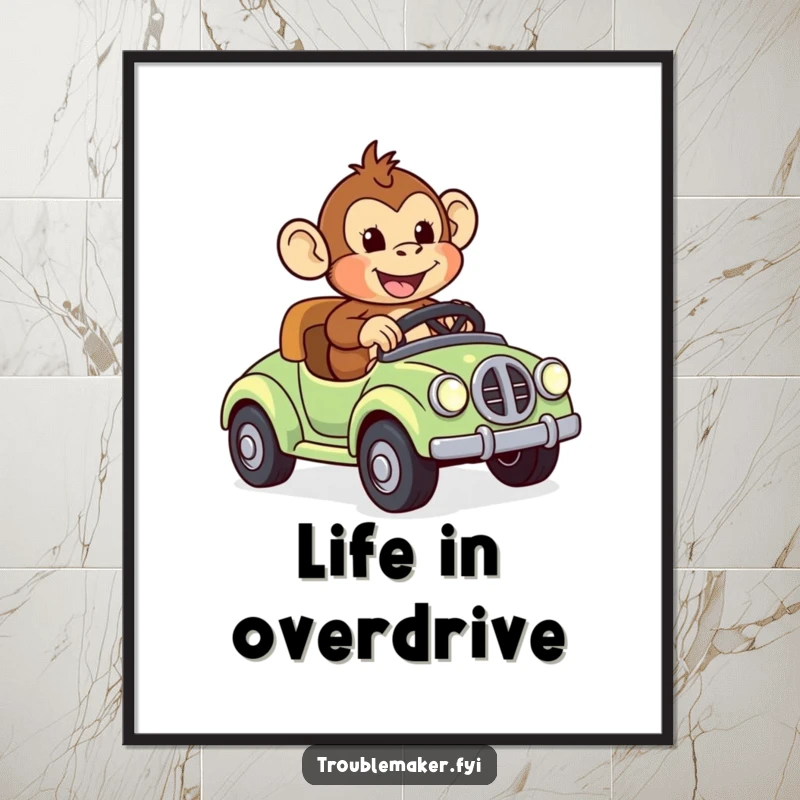 Funny poster artwork of a monkey gleefully riding a toy car that’s speeding away, embodying pure joy and the spirit of adventure.