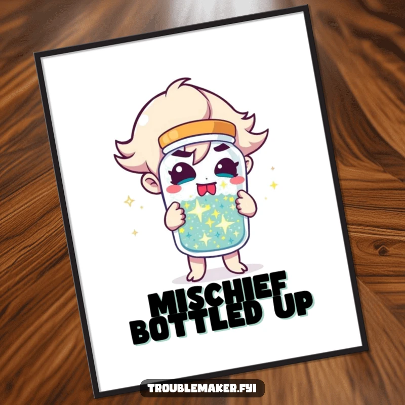 Funny Poster of a troublemaker character holding a jar of sparkling mischief, creating a sense of playful energy and humor.