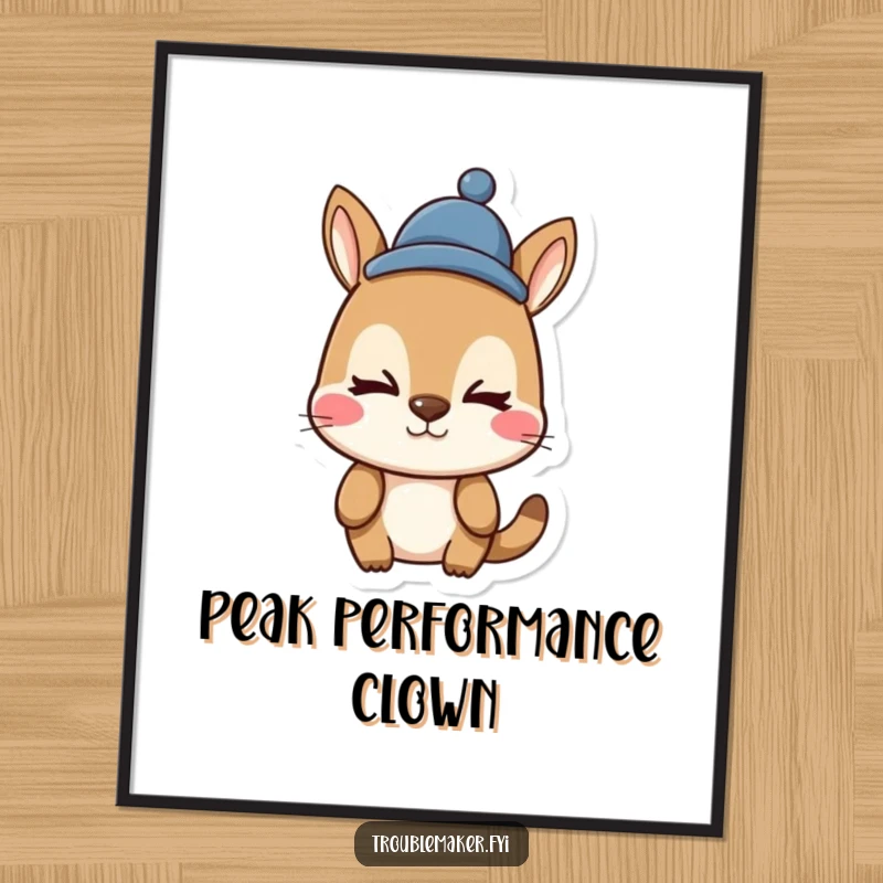 Funny animal character poster, pulling a silly face, wearing a comical funny hat, adding vibrant humor to wall decor.