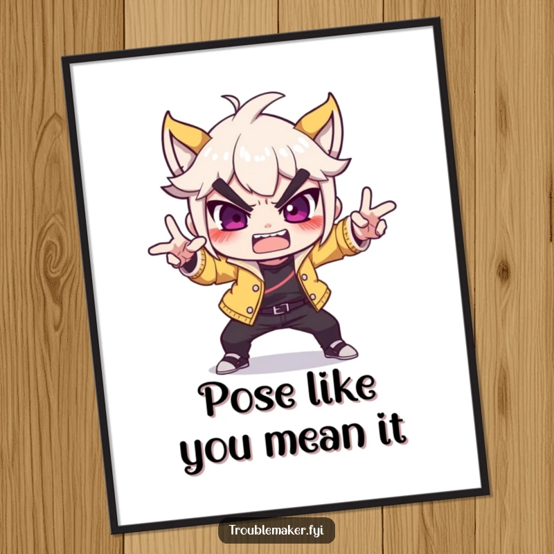 Funny troublemaker character striking a dramatic, over-the-top pose on a poster, adding a humorous and theatrical element to wall art.