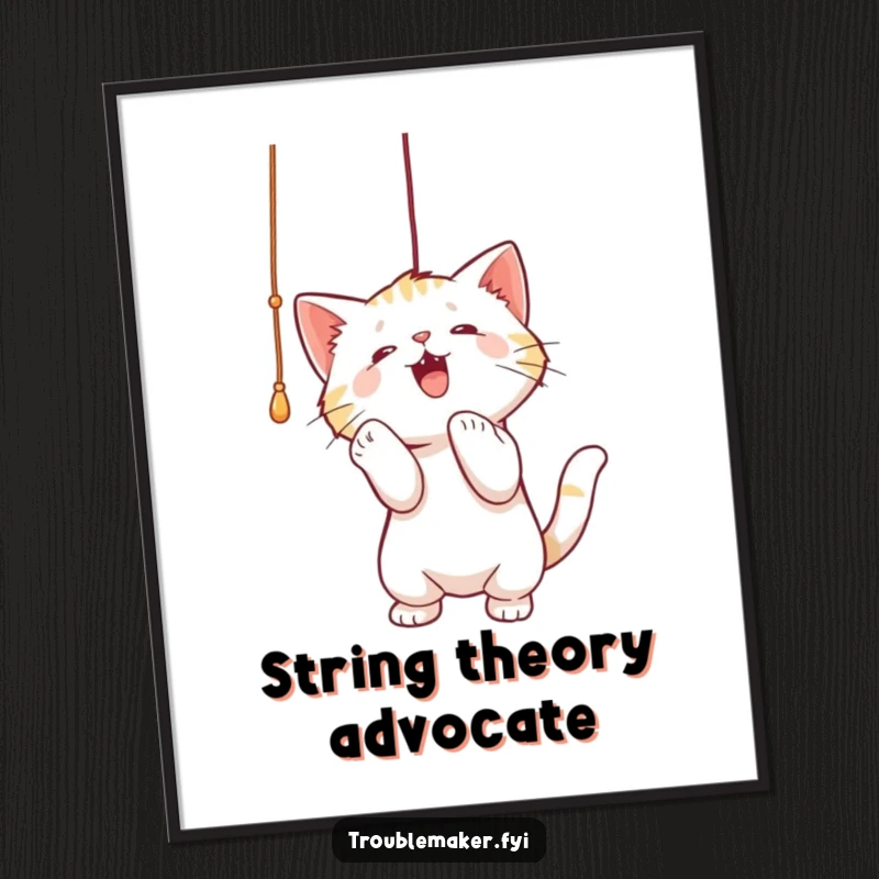 Funny poster art of a cat focused on batting a dangling string, evoking playful energy and charming feline curiosity.