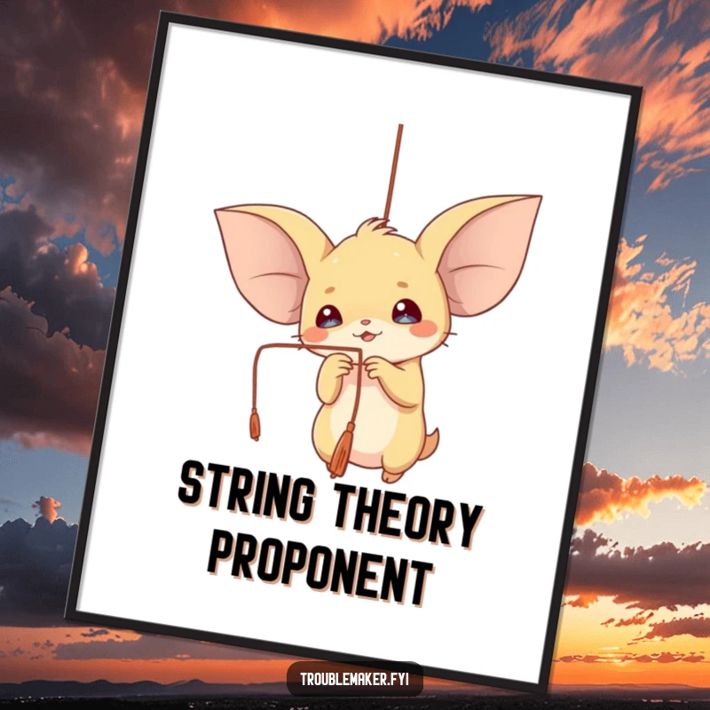 Funny poster art of a creature with large ears playfully batting at a dangling string, adding a touch of whimsy.