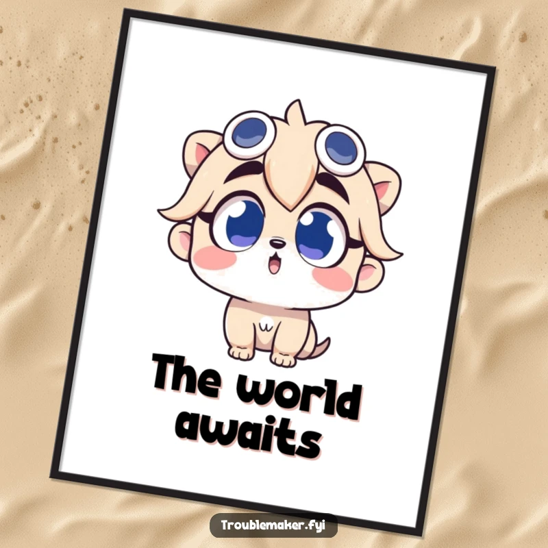 Funny poster depicting a troublemaker character looking up with wide, curious eyes, perfect for inspiring wonder.