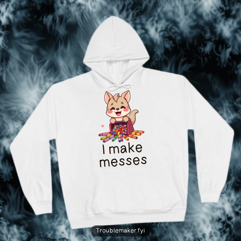 Funny hoodie depicting a cute trouble maker animal character joyfully spilling a box of colorful crayons, symbolizing messy creativity.