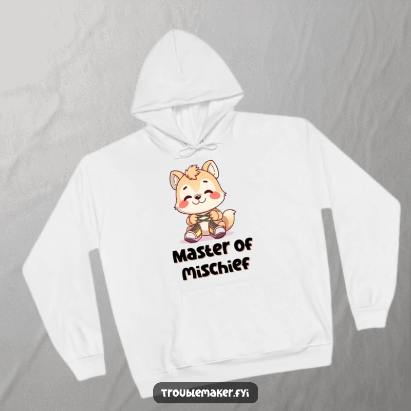 Funny animal character tying shoelaces together with a playful grin, featured on a cozy hoodie.