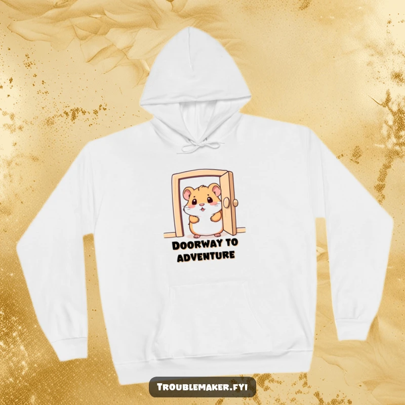 Funny hoodie with a curious hamster character peeking from a small, open door, offering warmth and a touch of mystery.