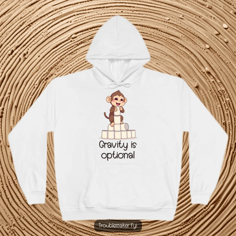 Funny Balance Monkey Hoodie of a monkey balancing a tower of empty cups precariously, representing life's challenges, awesome funny gift.