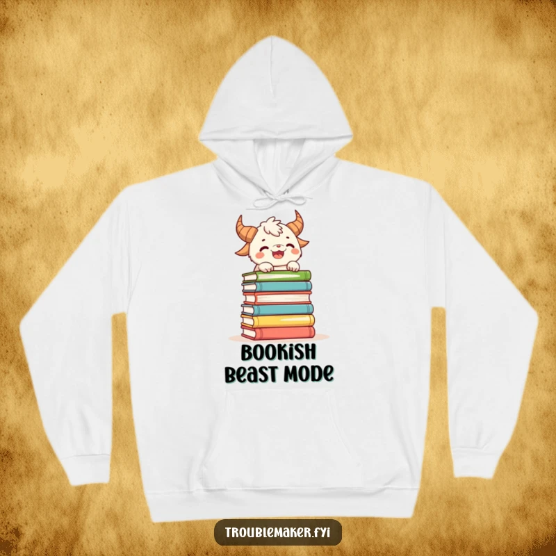 Funny hoodie depicting a playful creature with horns attempting to balance a large stack of books, perfect for cozy reading.