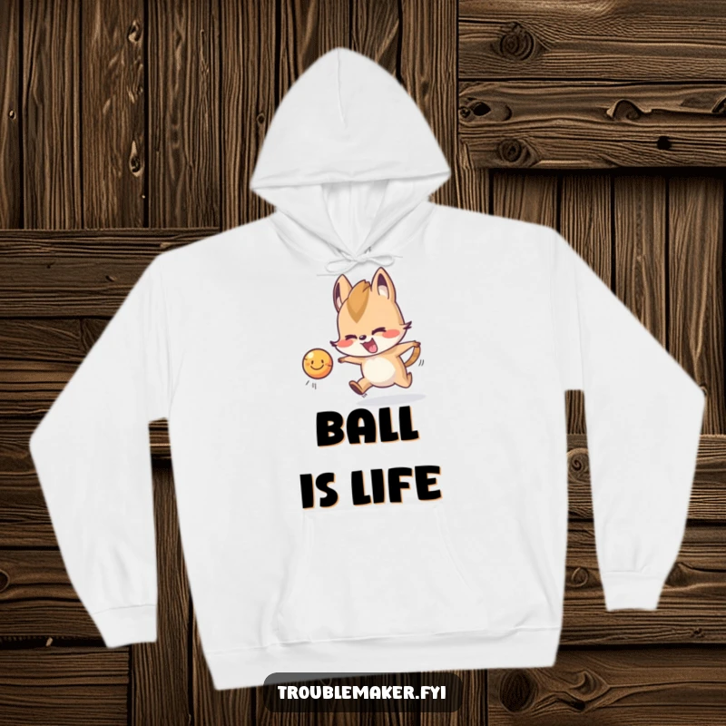 Funny Hoodie featuring a trouble maker animal character actively chasing a smiling, bouncing ball, radiating fun and movement.