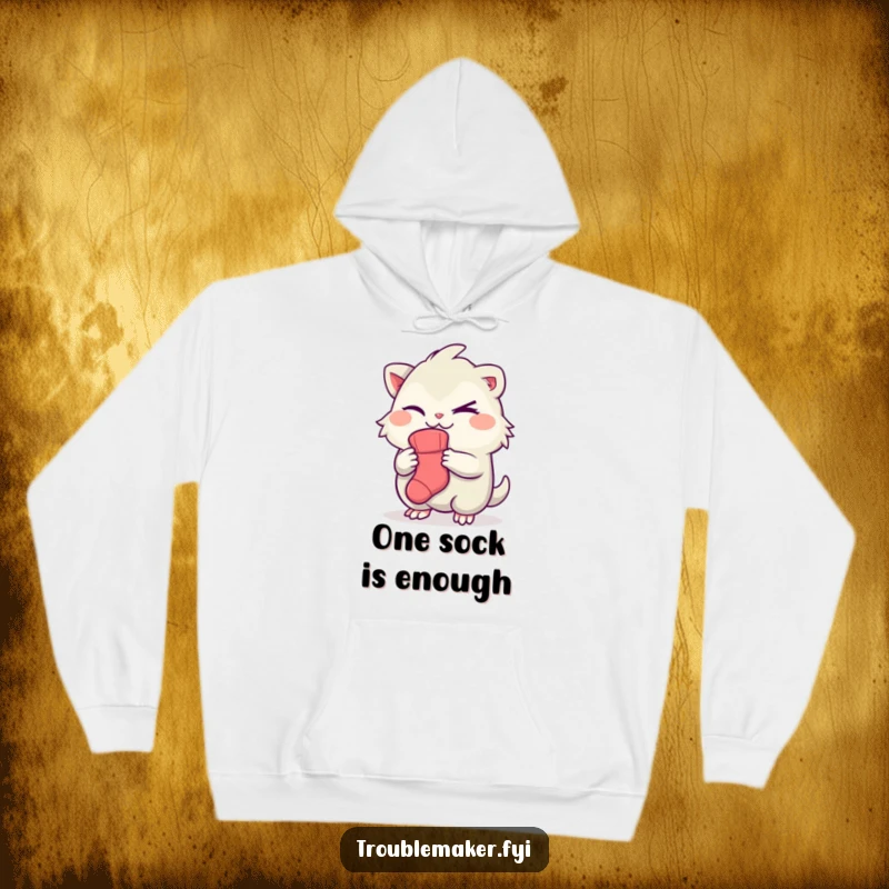 Funny hoodie design of a creature winking mischievously and clutching a lonely sock, a humorous nod to sock disappearances.