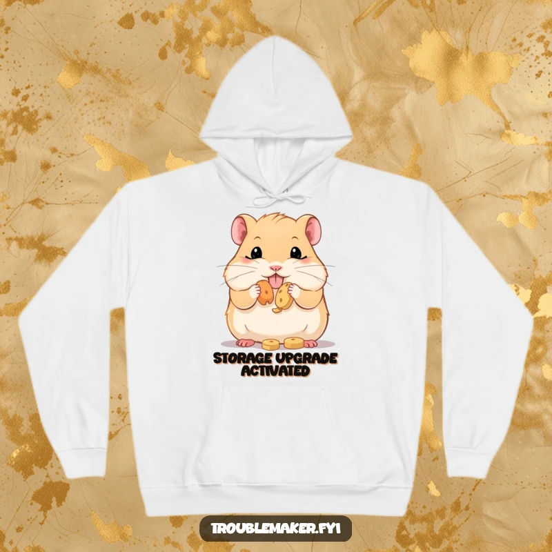 Funny Hoodie depicting a round hamster with impossibly stuffed cheeks, holding onto a bounty of treats, radiating warmth and snack-lover humor.