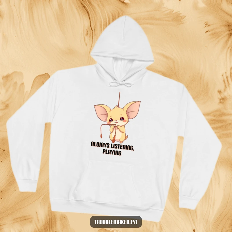 Funny hoodie depicting a creature with notably large ears playfully engaged in batting at a dangling string.