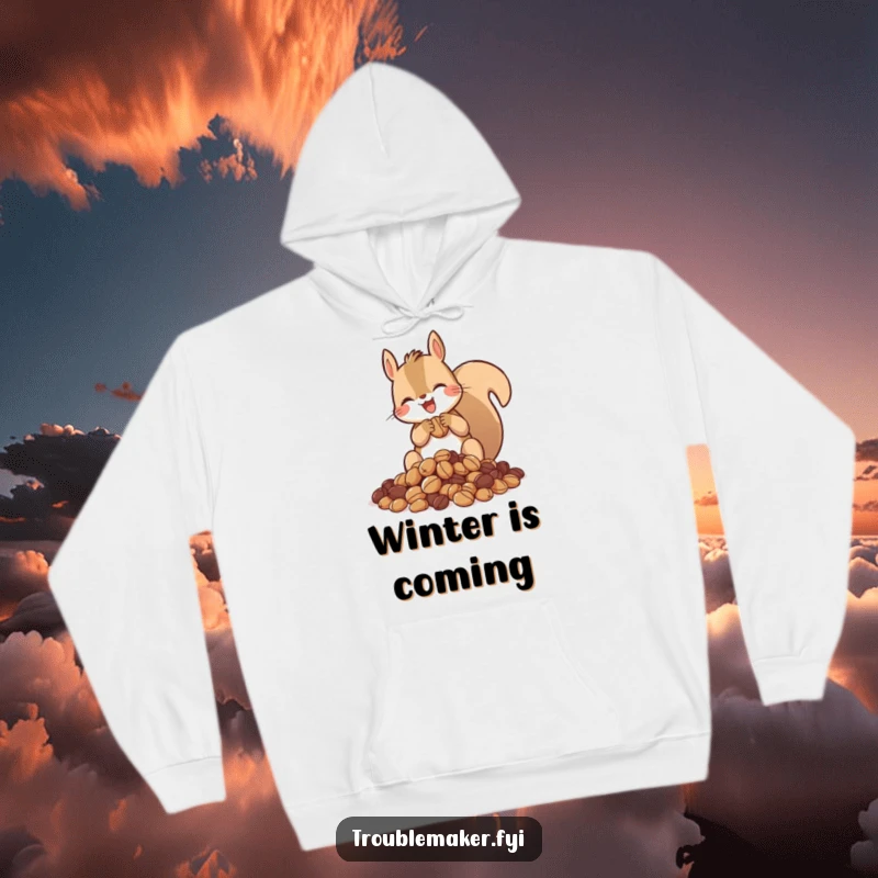Funny hoodie design of a squirrel gleefully hoarding nuts, perfect for cozy, collector vibes.