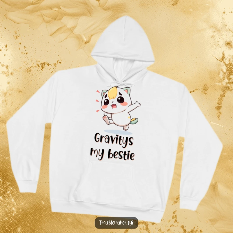 Funny Hoodie featuring a beloved troublemaker character hilariously tripping over its own feet, ready to spread laughter and warmth.
