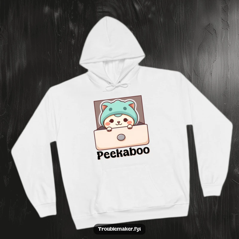 Funny hoodie with a mischievous animal character peeking from a slightly open drawer, suggesting hidden fun and playful secrets.