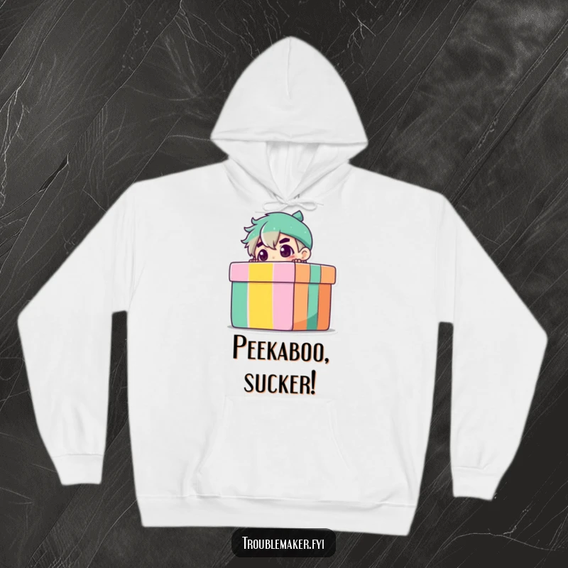 Funny Hoodie featuring a charming troublemaker character peeking from behind a gift box, offering warmth and a hint of playful mischief.