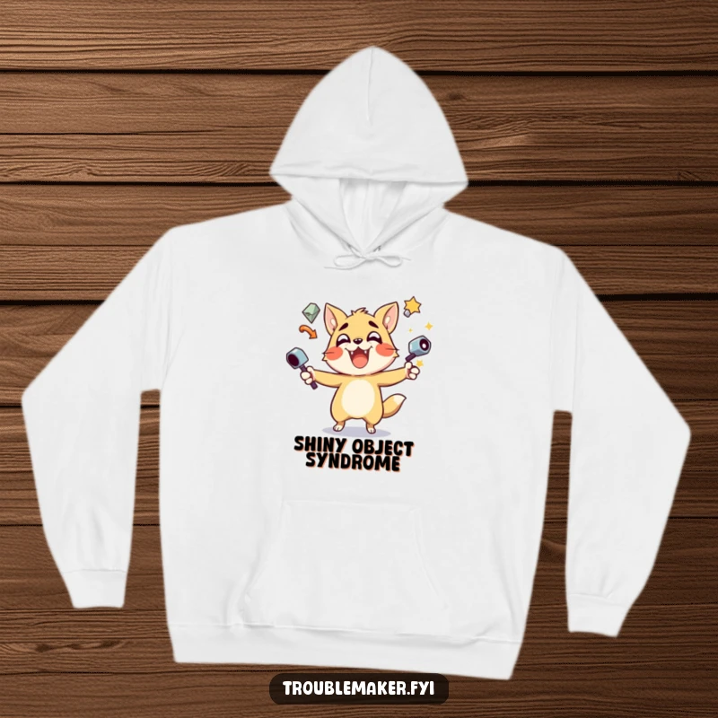 Funny Hoodie depicting a naughty animal character spinning and juggling many shiny objects, radiating energetic fun.
