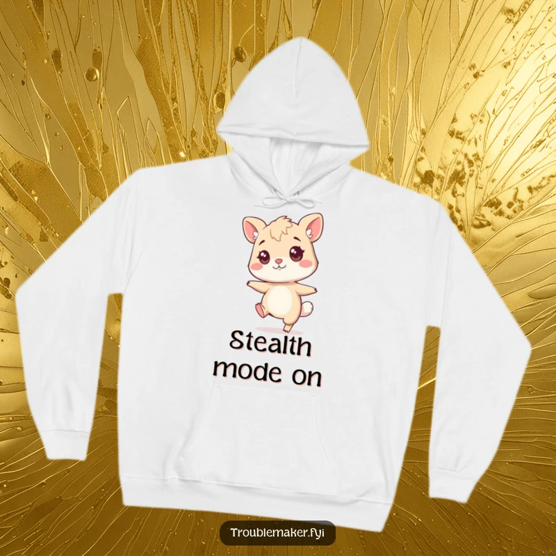 Funny sneaky animal hoodie, a character tiptoeing with a mischievous twinkle, offering warmth and humor for pranksters.