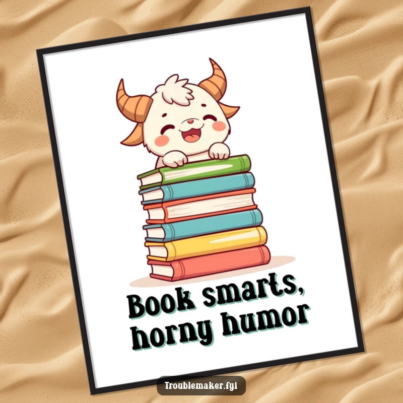 Funny Free Printable Wall Art: A creature with horns humorously attempts to balance a precarious tower of books, showcasing wit.