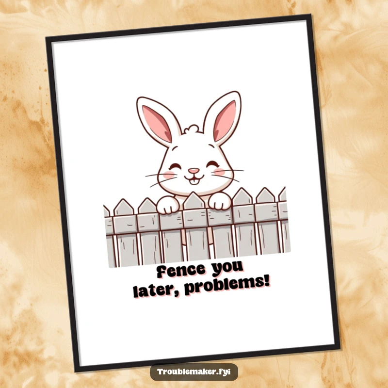 Funny Free Printable Wall Art: Cheeky rabbit with a broad, sly grin peeking over a fence, adding whimsical decor.