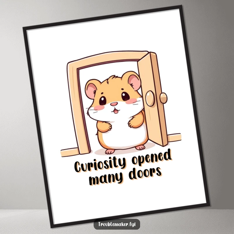 Funny Free Printable Wall Art: A cute hamster curiously peeking from a small, partially open door, adding a touch of whimsy.