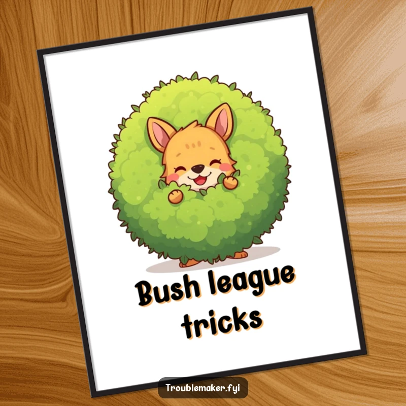 Funny Free Printable Wall Art: A mischievous animal character hiding behind a large, smiling bush, bringing playful charm.
