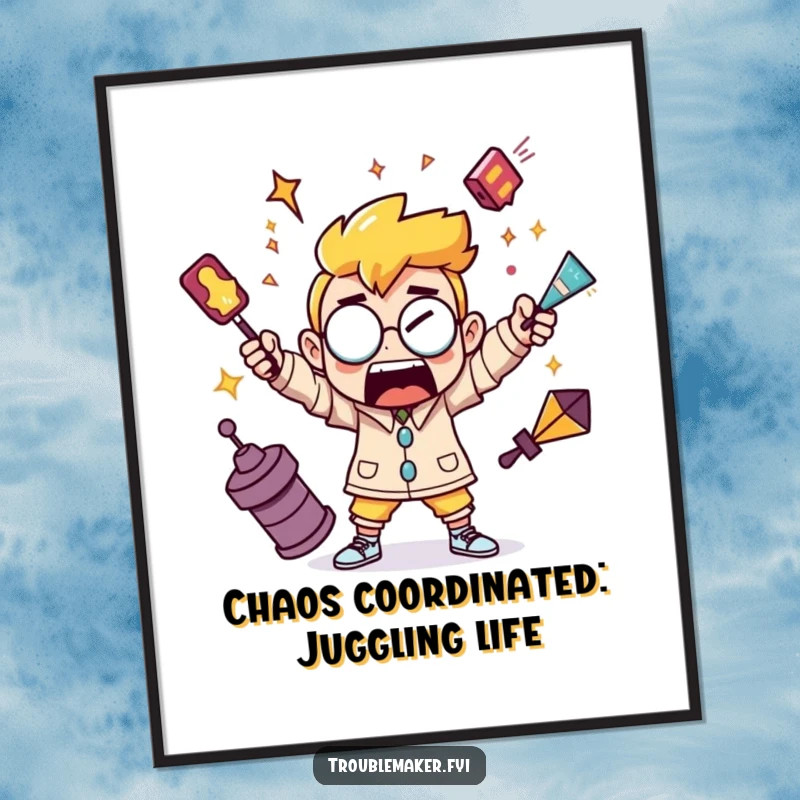 Funny Free Printable Wall Art depicting a troublemaker character masterfully juggling three shiny, chaotic objects, adding lively decor.