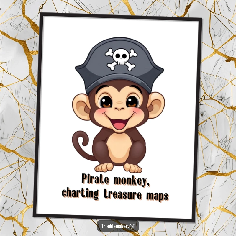 Funny Free Printable Wall Art of a mischievous monkey in a tiny pirate hat, looking ready for treasure.
