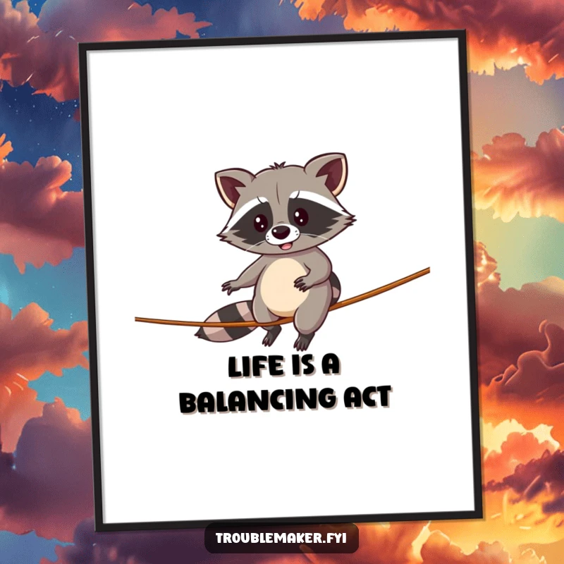 Funny Free Printable Wall Art: A clumsy raccoon attempting a daring tightrope walk, creating a humorous and whimsical scene.