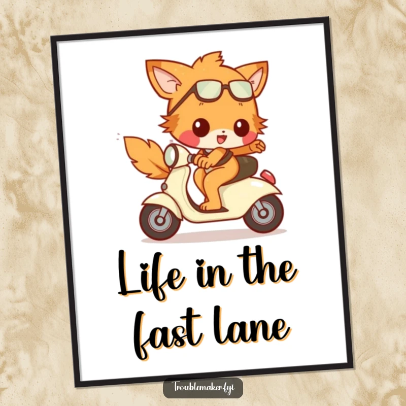 Funny Free Printable Wall Art: Cartoon animal character gleefully riding a tiny, runaway scooter at high speed.