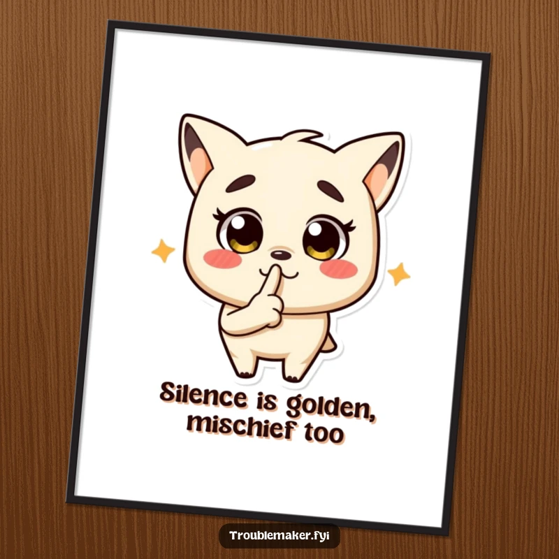 Funny Free Printable Wall Art of a troublemaker character with a finger to its lips, creating a whimsical, secretive atmosphere.