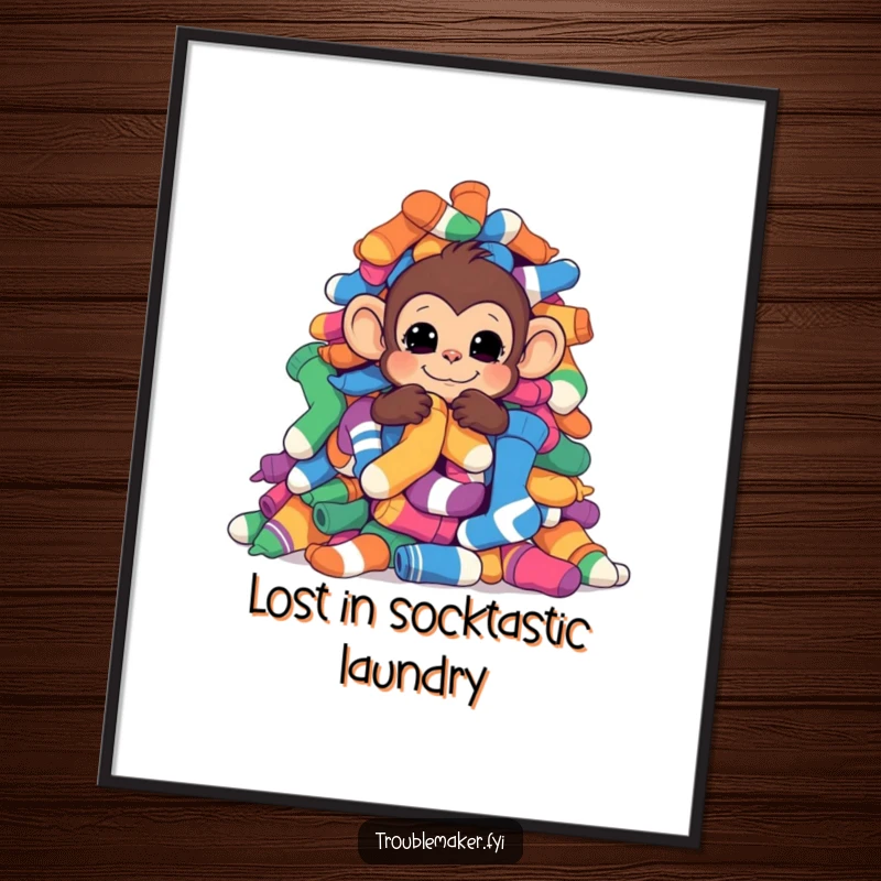 Funny Free Printable Wall Art showing a monkey hiding behind a mountain of colorful socks, peeking out.