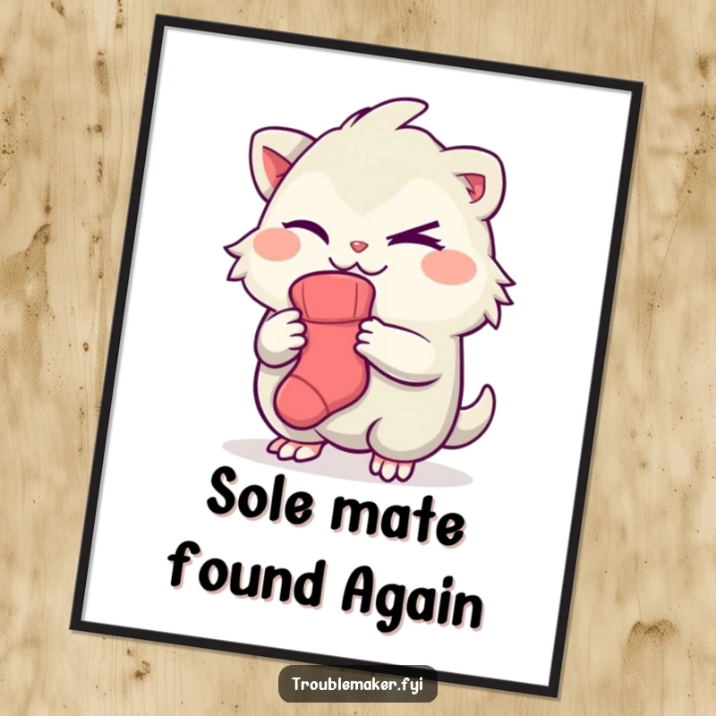 Funny Free Printable Wall Art: Creature with a mischievous wink holding one sock, a humorous and quirky piece of downloadable art.