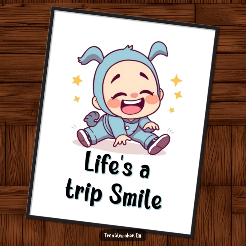 Funny Free Printable Wall Art: Troublemaker character dramatically tripping and falling with a wide, silly grin.