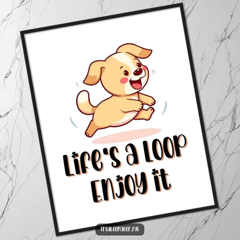 Funny Free Printable Wall Art: A happy dog comically spinning in circles while joyfully chasing its wagging tail.
