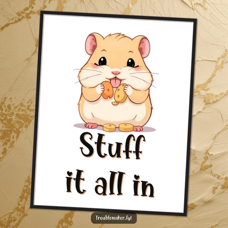 Funny Free Printable Wall Art of a hamster with impossibly stuffed cheeks, a delightful and humorous addition.