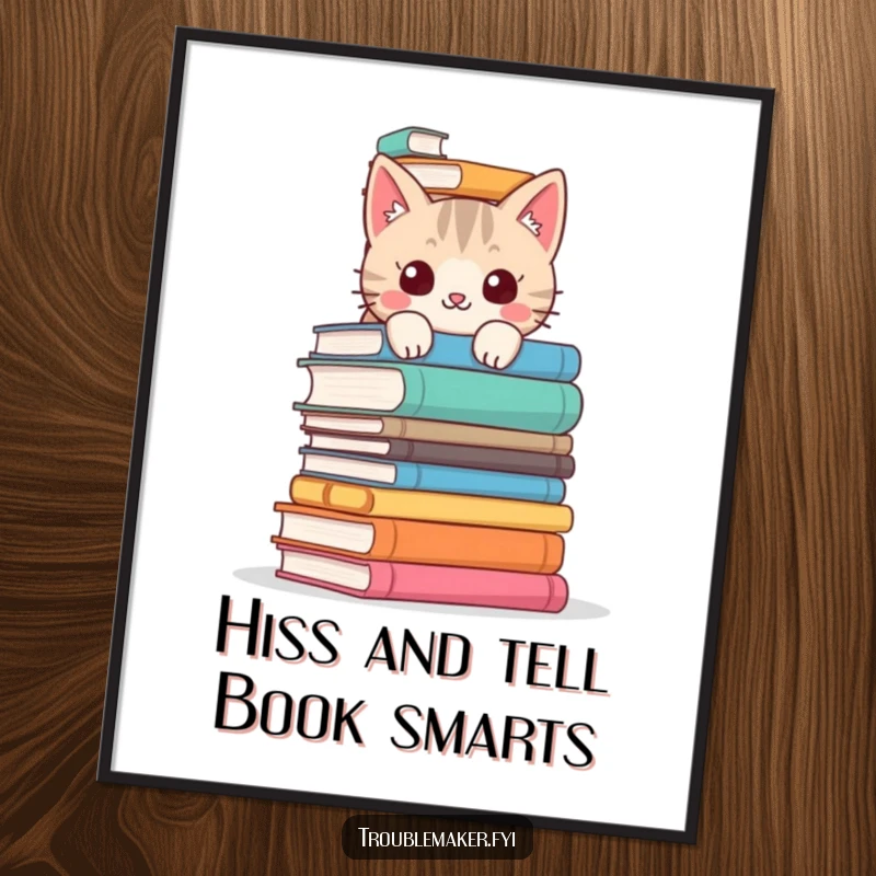 Funny Free Printable Wall Art: Mischievous cat peeking from behind a huge stack of books, showing its curious nature.