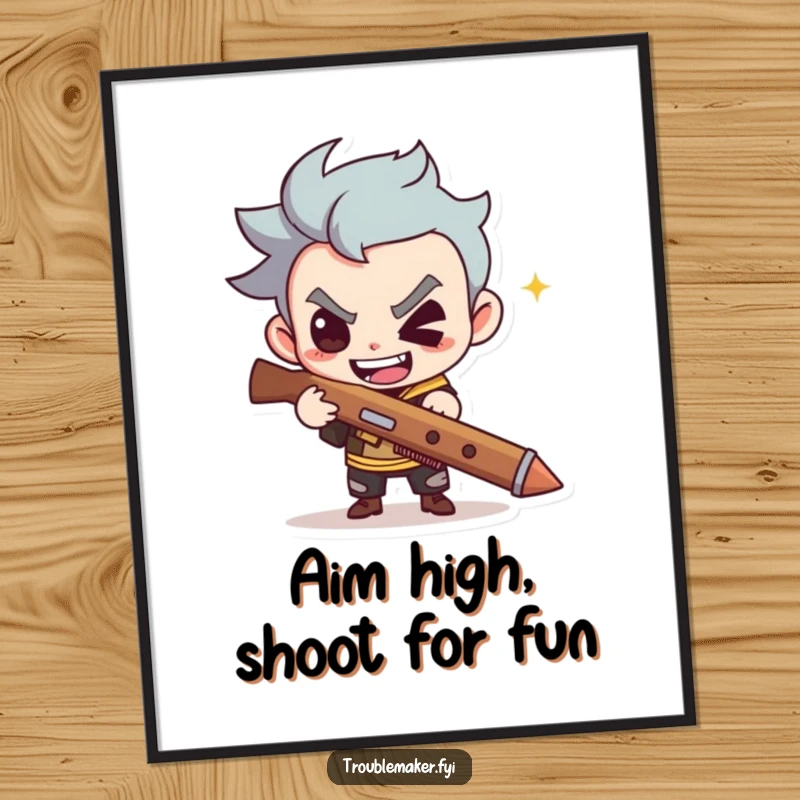 Funny Free Printable Wall Art: A cute character with a wide, mischievous grin holds a slingshot.