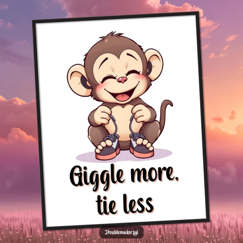 Funny Free Printable Wall Art: A monkey giggles mischievously while tying tiny shoelaces together, ready for fun.