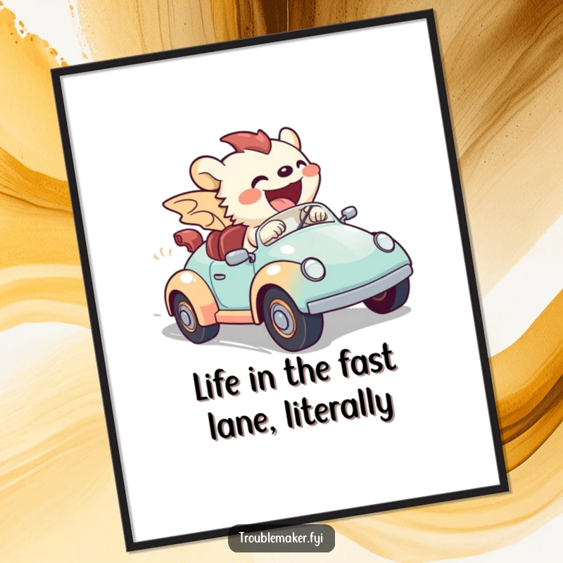 Funny Free Printable Wall Art: Creature gleefully speeding in a toy car, an energetic and humorous piece of downloadable art for any wall.