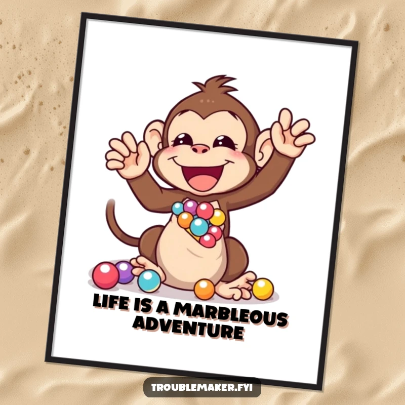 Funny Free Printable Wall Art: Monkey gleefully shaking a bag of marbles, whimsical downloadable art.