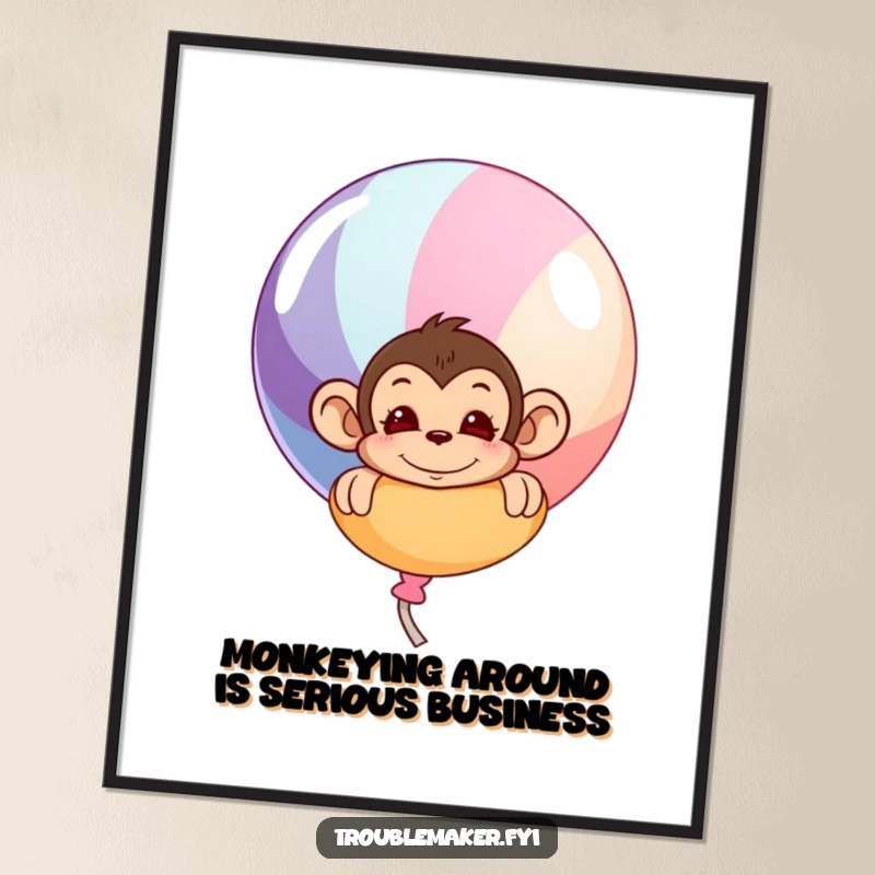 Funny Free Printable Wall Art: Mischievous monkey peeking from behind a large colorful balloon, adding playful charm.