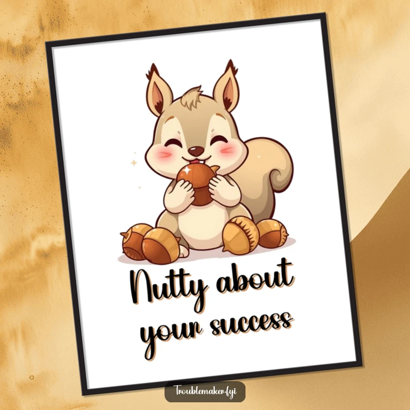 Funny Free Printable Wall Art: A determined squirrel stuffing its cheeks to bursting with oversized, sparkling acorns, a whimsical art piece.