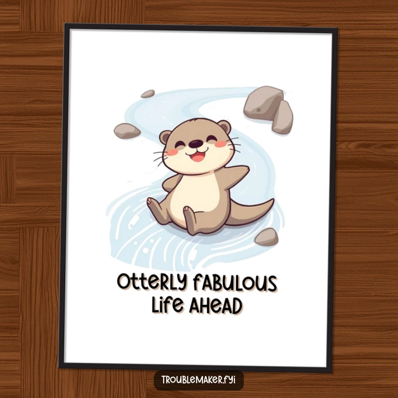 Funny Free Printable Wall Art: A happy otter gleefully sliding down a winding, slippery riverbank, capturing pure aquatic joy.