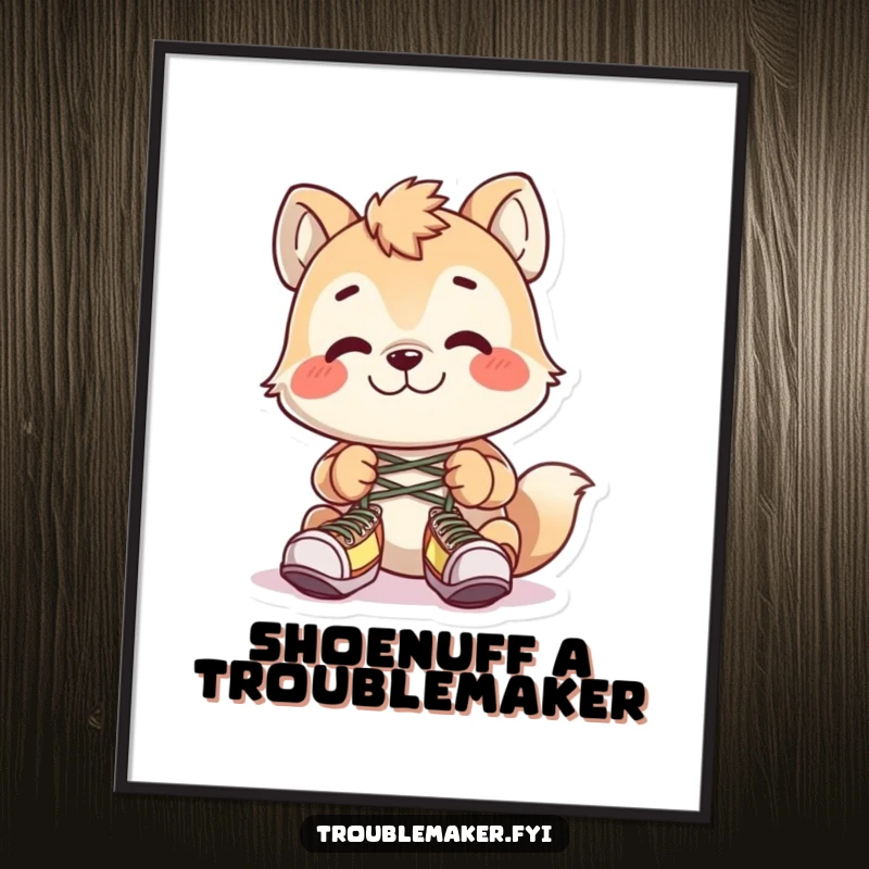 Funny Free Printable Wall Art: A grinning troublemaker animal character playfully tying shoelaces together, perfect for a laugh.